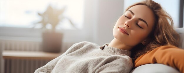 Photo woman relaxing on sofa during peaceful weekend at home concept home comforts relaxation time weekend vibes lazy sunday cozy living