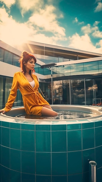 Photo woman relaxing in the spa outdoor swimming pool jacuzzi