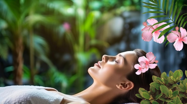 woman relaxing in spa resort and tropical plant