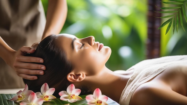 woman relaxing in spa resort and tropical plant