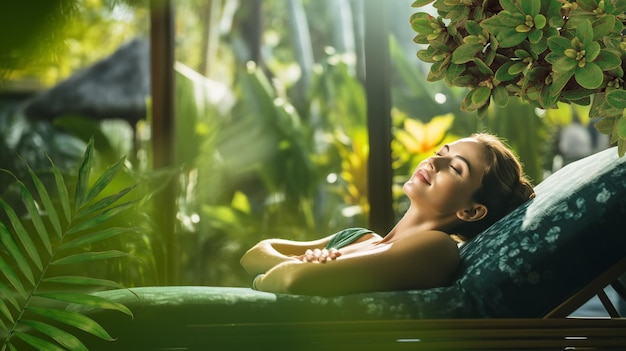 woman relaxing in spa resort and tropical plant