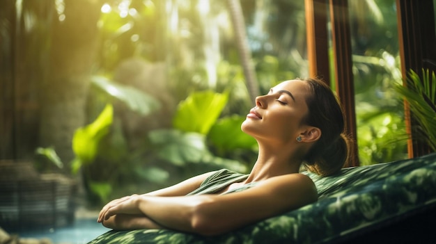 woman relaxing in spa in tropical resort