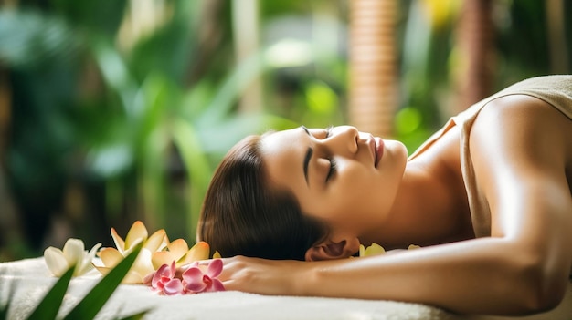 Photo woman relaxing in spa in tropical resort