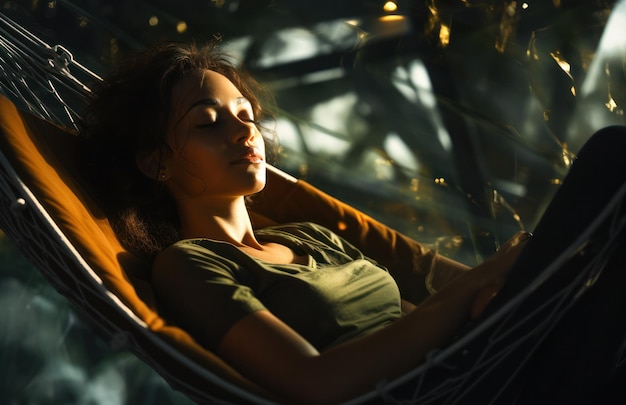 Woman relaxing while lying in the hammock Autumn relaxation