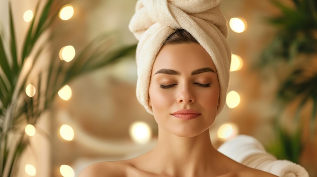 woman relaxing with a towel wrapped around her head at a spa