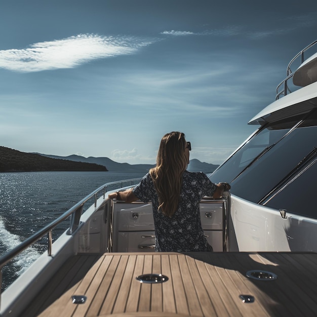 Photo woman relaxing on a yacht in a beautiful clear sea against the sunset relaxing luxury