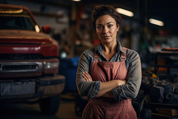 Photo woman repairing a car in auto repair shop serious middle aged hispanic woman standing in her car repair workshop and looking at camera