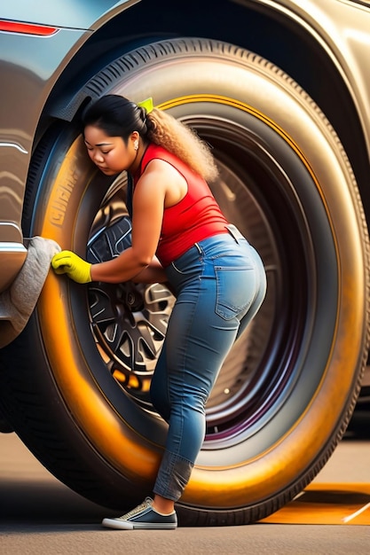 A woman Repairing a Tire Photo