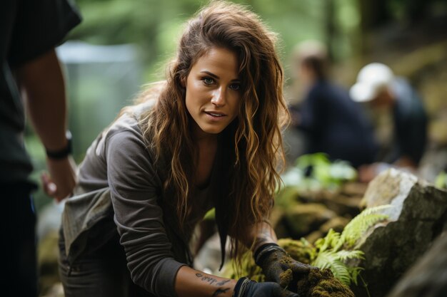 写真 自宅の庭に緑の牧草地を再植える女性