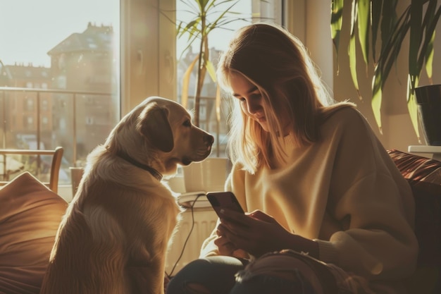 Woman resting with dog in cozy room