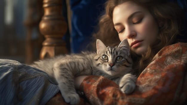 Photo woman resting with kitten