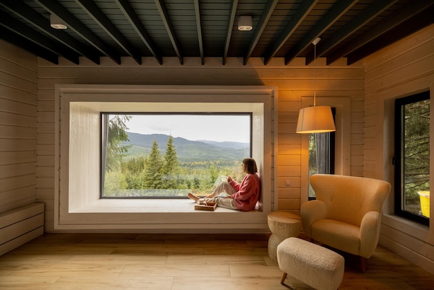 Woman rests in house with scenic view on mountains