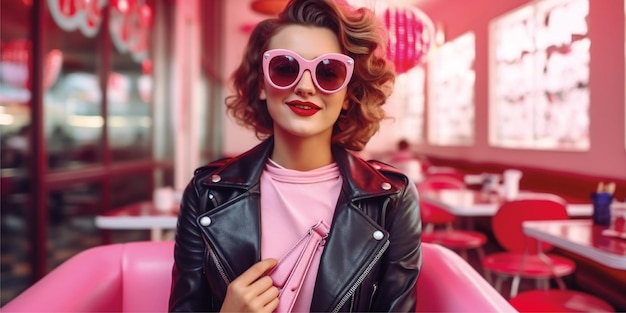 Woman in retro vintage 50's cafe sitting at table in black leather jacket wearing pink sunglasses