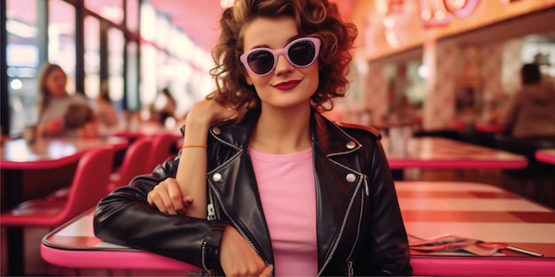 Woman in retro vintage 50's cafe sitting at table in black leather jacket wearing pink sunglasses