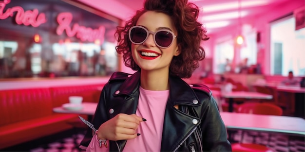 Woman in retro vintage 50's cafe sitting at table in black leather jacket wearing pink sunglasses