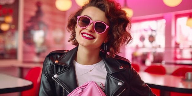 Photo woman in retro vintage 50's cafe sitting at table in black leather jacket wearing pink sunglasses