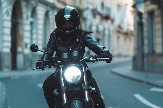 Женщина в черном едет на мотоцикле по улице