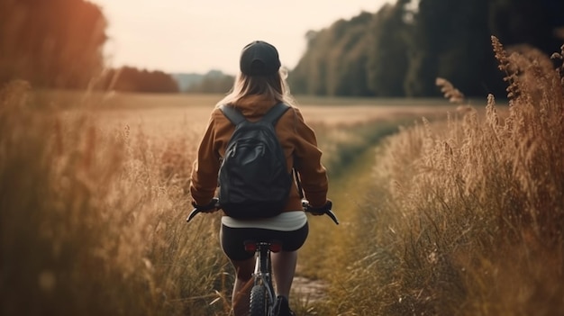 Woman rides in bicycle in the countryside Generative Ai