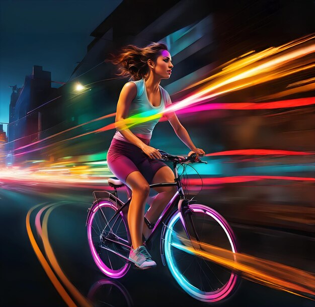 a woman rides a bike in the city with the lights on