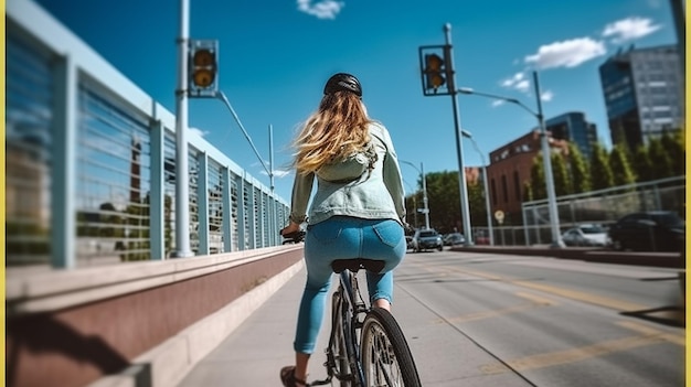 A woman rides a bike on a sunny day.