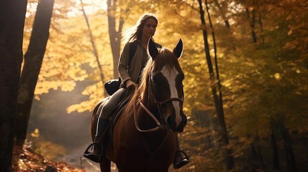 A woman rides a horse through an autumn forest