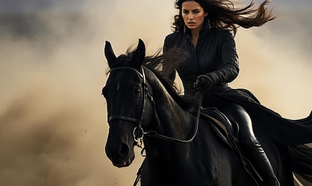 A woman riding on the back of a black horse