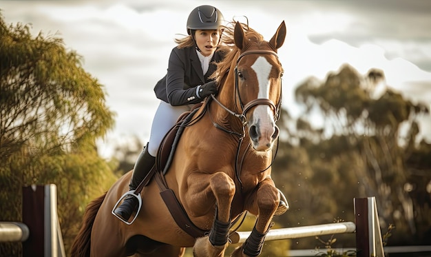 A woman riding on the back of a brown horse