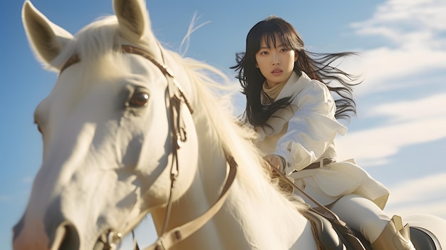 Photo a woman riding on the back of a white horse generative ai