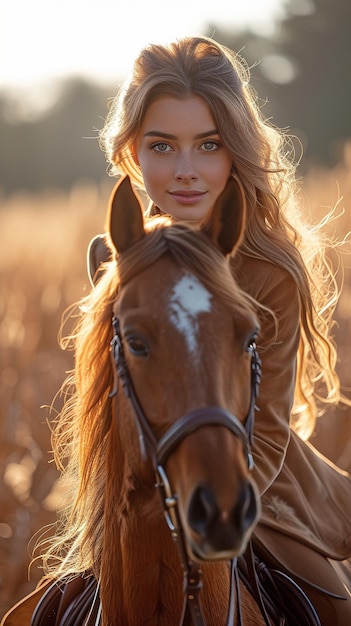 Foto una donna che cavalca un bellissimo cavallo all'aperto