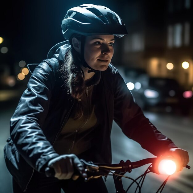 A woman riding a bike in the dark