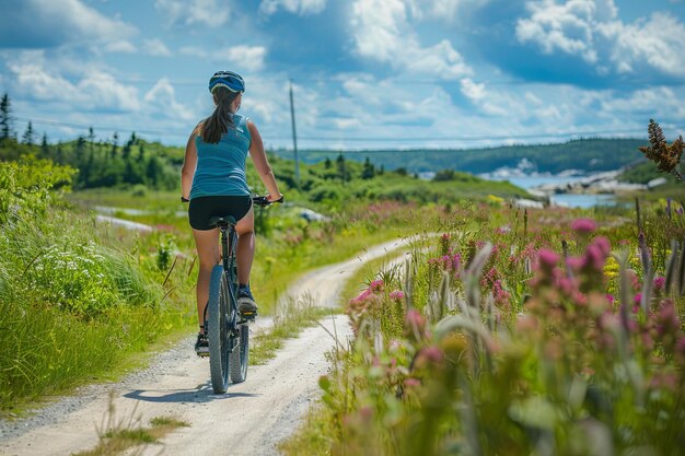 Photo woman riding a bike down a dirt road