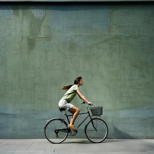 A woman riding a bike down a sidewalk