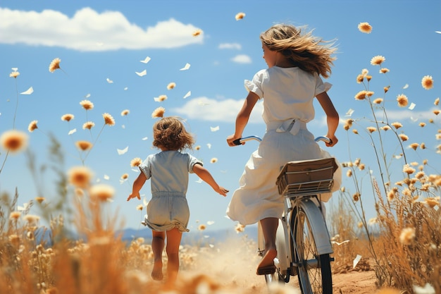 A woman riding a bike and a little girl running on meadow