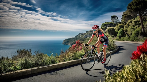 A woman riding a bike on a road with the ocean in the background