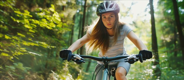 森を通って自転車に乗る女性