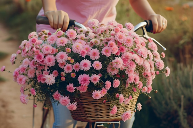 женщина едет на велосипеде с корзиной, полной цветов