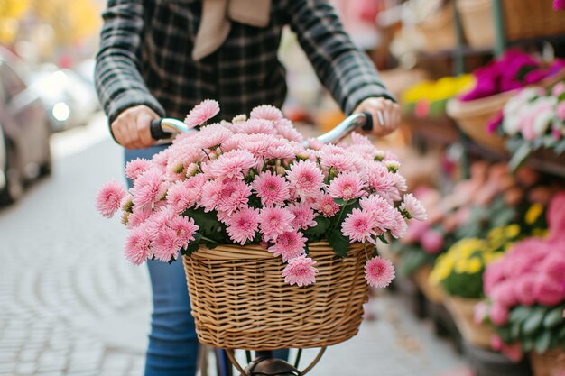 a woman riding a bike with a basket full of flowers