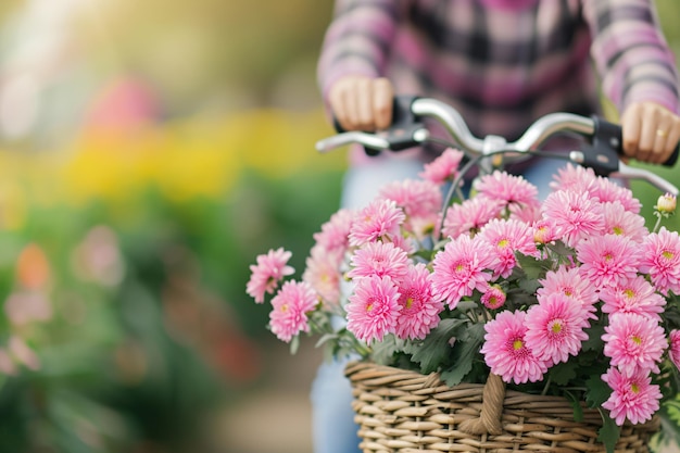 花で満たされたバスケットで自転車に乗っている女性