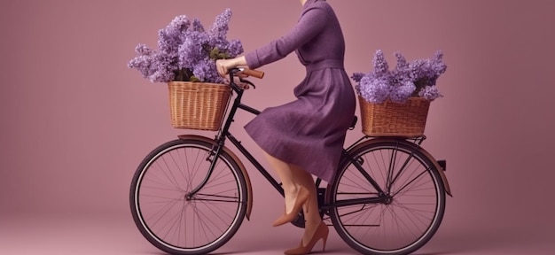 A woman riding a bike with a basket of lilacs on the frontgenerative ai