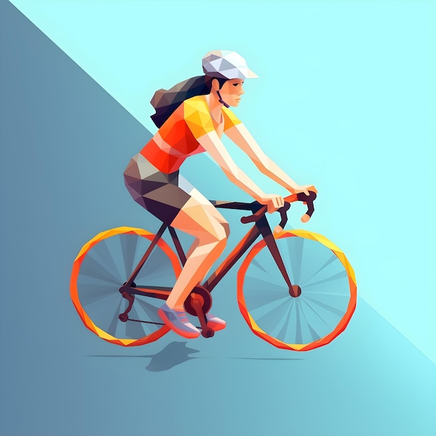 A woman riding a bike with a blue background