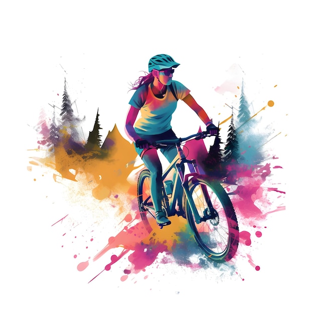 A woman riding a bike with a colorful background and a colorful illustration of a girl riding a bike.