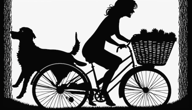 前に犬を乗せて自転車に乗っている女性。