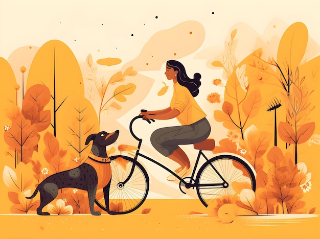 A woman riding a bike with a dog on it