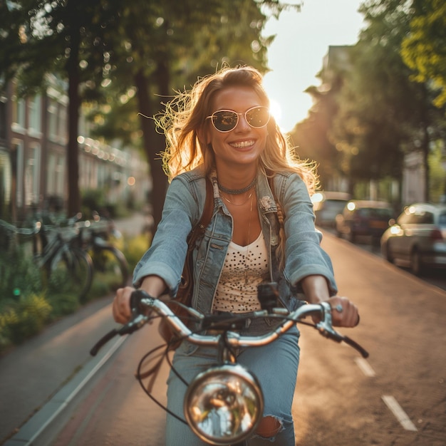 a woman riding a bike with sunglasses on her head