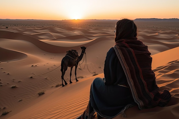 A woman riding a camel in the desert at sunset Generative Ai