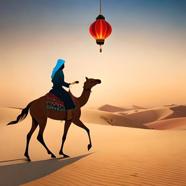 A woman riding a camel in the desert with a lantern hanging from it.