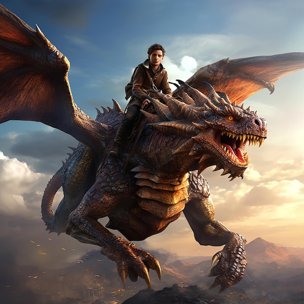 Photo woman riding dragon in the sky