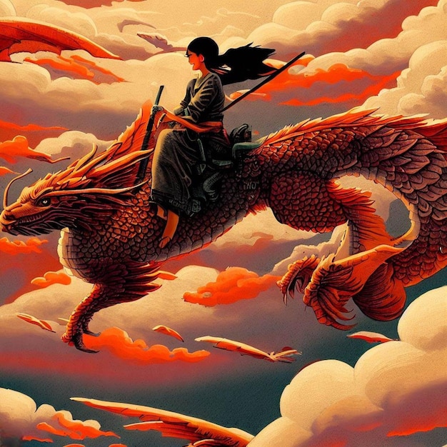 A woman riding a dragon with a sword on her back.