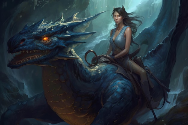 A woman riding a dragon with the words dragon on it