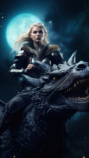 a woman riding a dragon